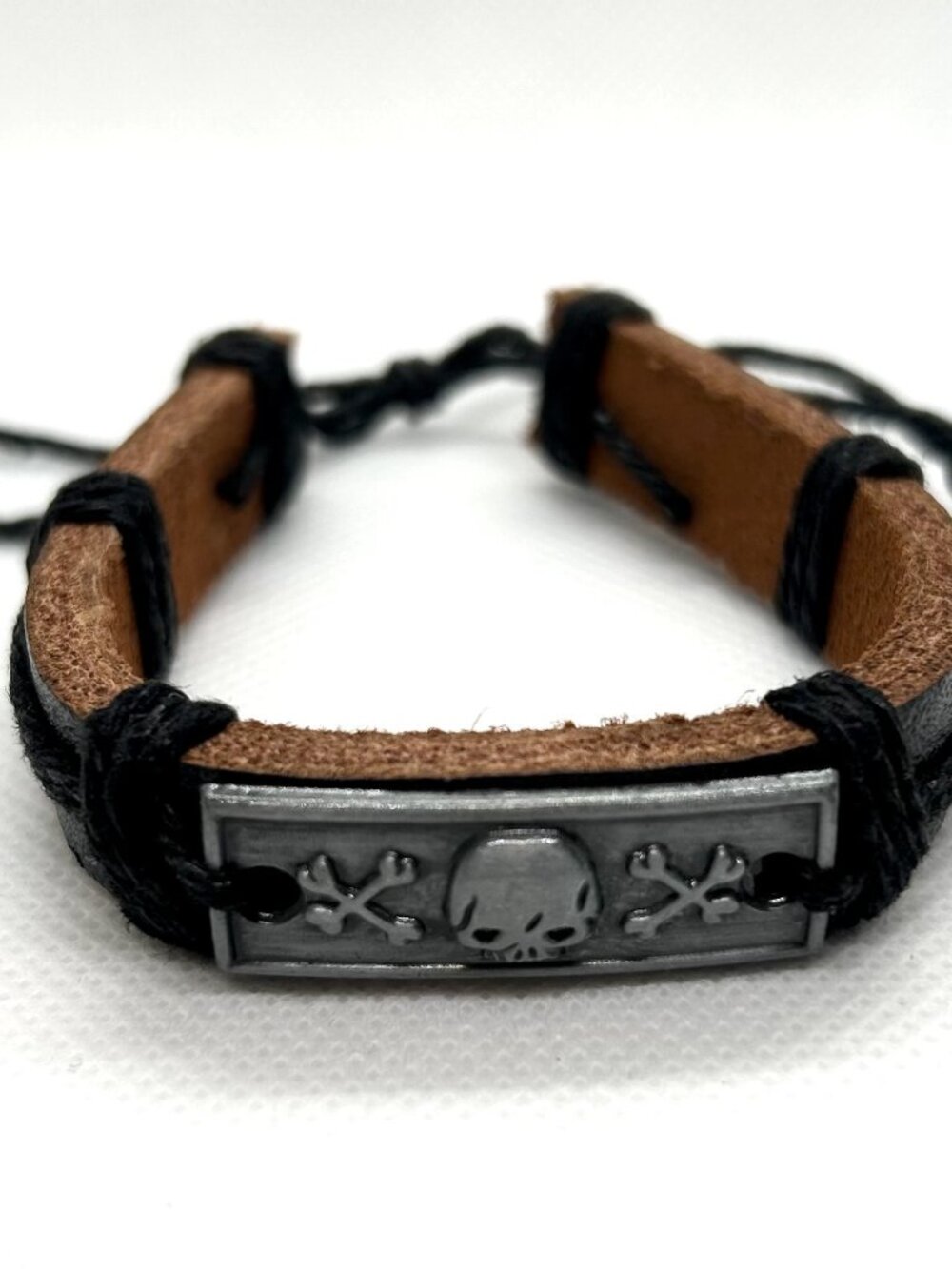 Skull and Crossbones Leather black threaded bracelet adjustable UNISEX